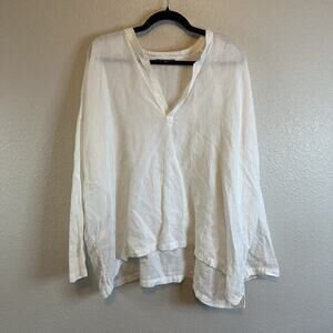 Eskander‎ Shirt Onesize White Linen V Neck Blouse Top Lagenlook Boho Coastal